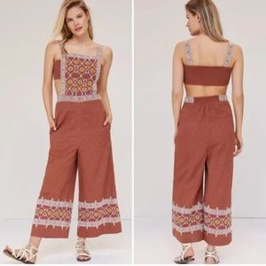 Anthropologie Embroidered Wide-Leg Jumpsuit Size Small Carmel Brown Linen Cotton